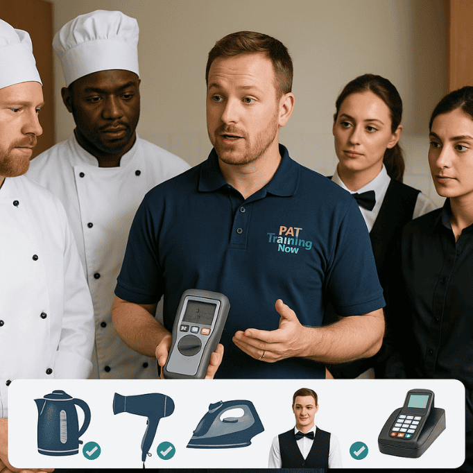 Hospitality team receiving hands-on PAT Testing training from PAT Training Now