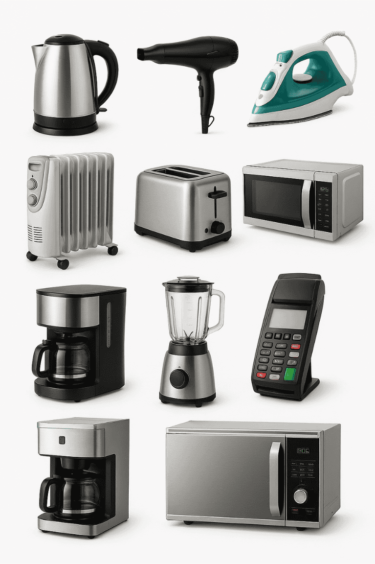 Illustrated grid of portable appliances widely used in hotels, restaurants, cafés, and pubs.