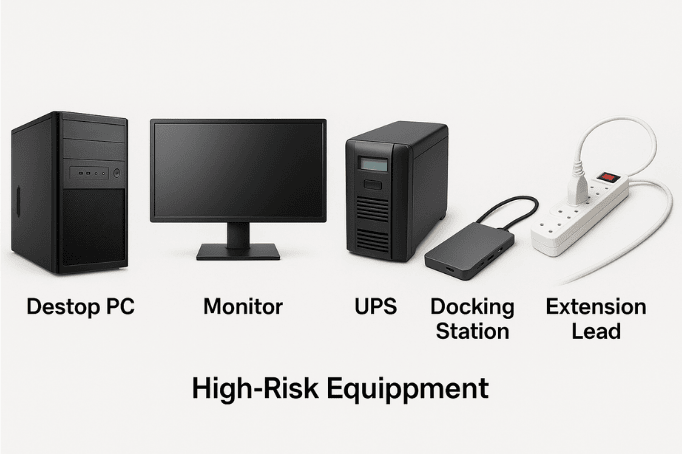 Collage of high-risk IT equipment needing regular PAT Testing – PC, monitor, UPS, charger, extension strip