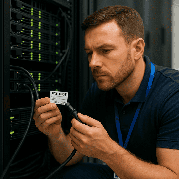 IT engineer checking PAT test label on server power cable inside rack
