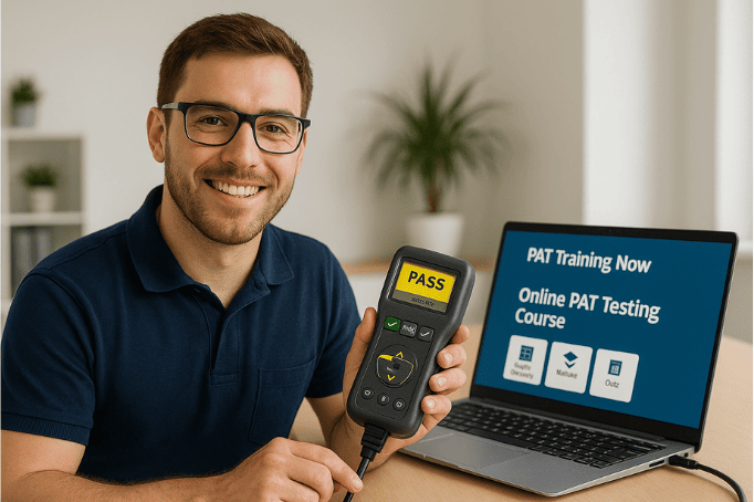 A trainee is smiling after the Successful Completion of the Online PAT Testing course from PAT Training Now