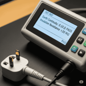 PAT tester screen showing earth continuity ohms and insulation resistance megaohms with clear pass.