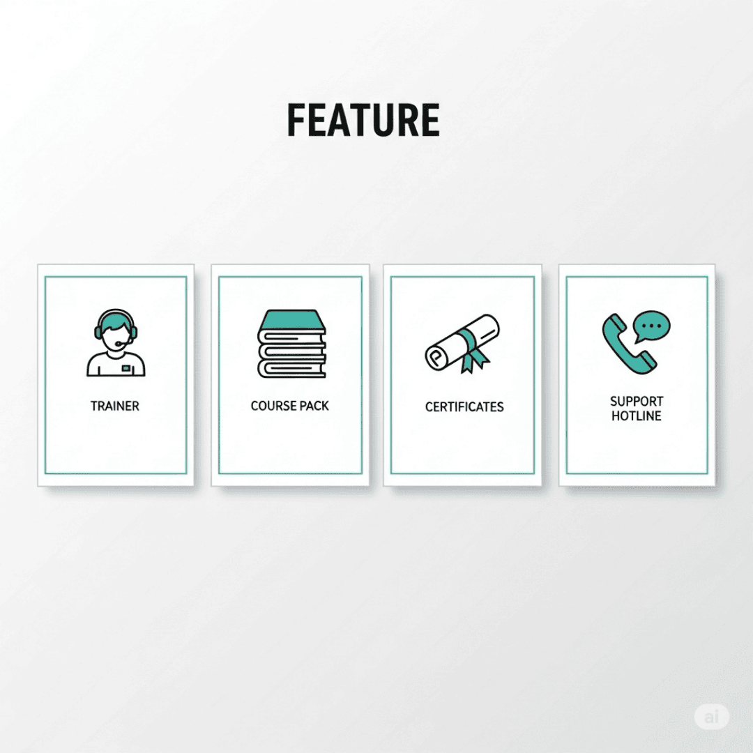 Four cards for trainer, course pack, certificates, after-course support with brief text.