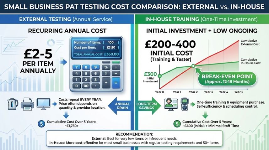 Cost comparison showing in-house versus outsourced PAT testing