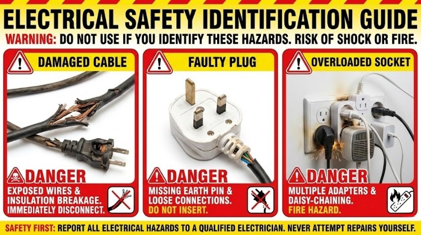 damaged cables, faulty plugs, overloaded circuits