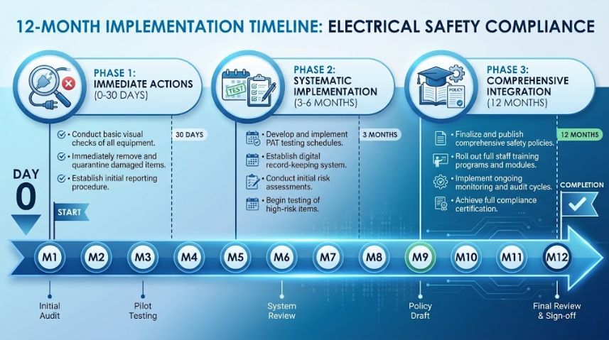 Timeline showing 12-month electrical safety implementation plan
